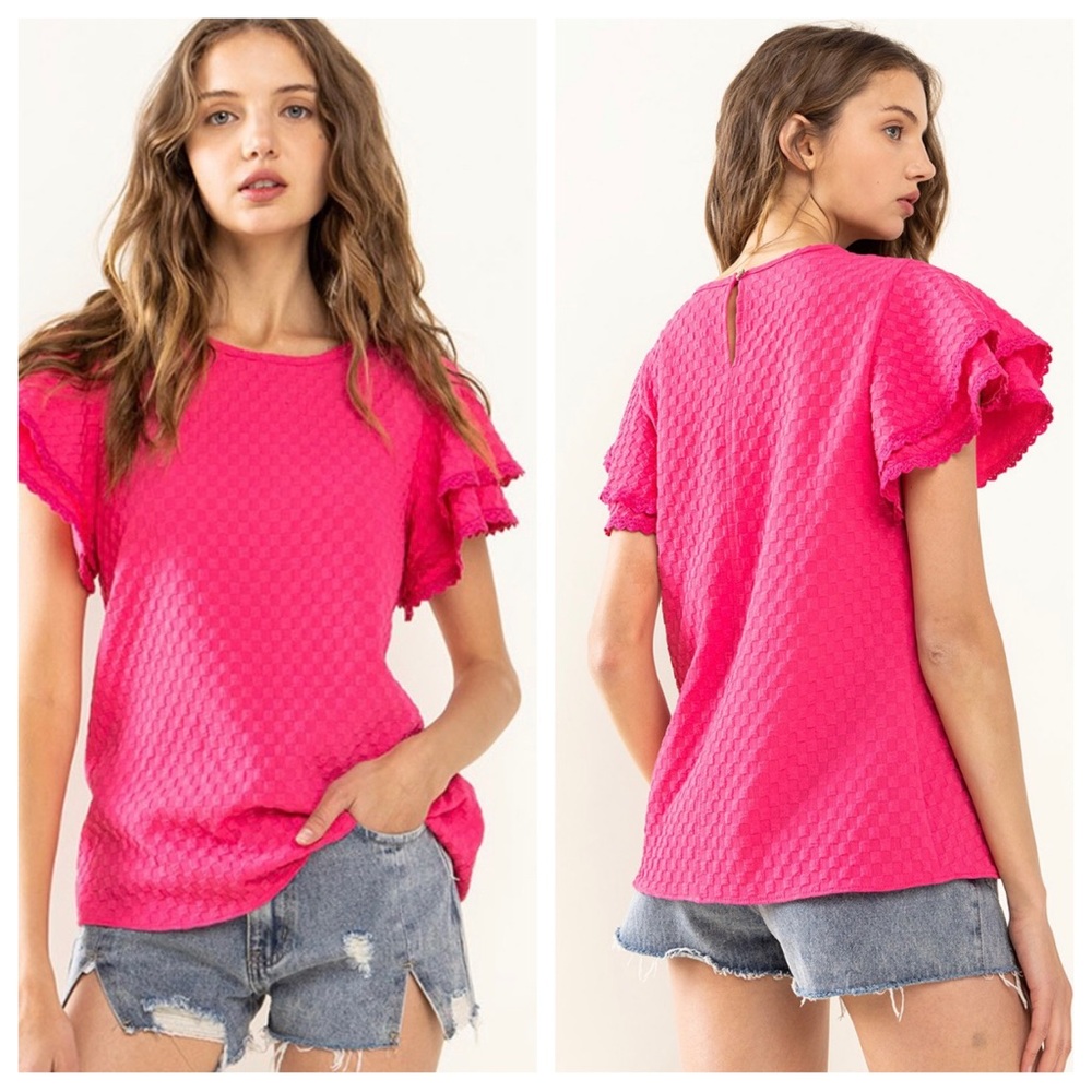 35 Boho Textured Double Ruffle Short Sleeve Top - Picture 2 of 7